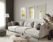 Beige upholstered sectional sofa with dark gray throw pillows complemented by decorbites™ retro queen of hearts hearts wall art