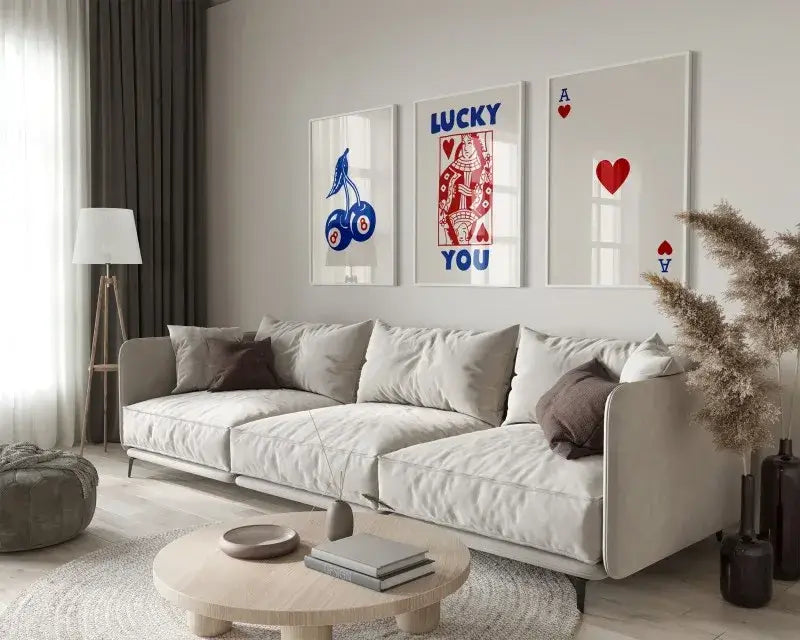 Beige upholstered sectional sofa with soft modern design and dark brown accent pillows in decorbites retro queen of hearts wall art set