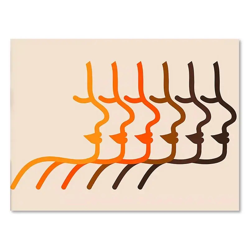 Decorbites™ retro rainbow boho art prints canvas featuring stylized gradient faces in orange to dark brown on cream background
