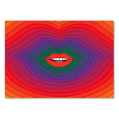 DecorBites™ retro rainbow boho art prints canvas featuring vibrant red lips with concentric colorful wavy bands