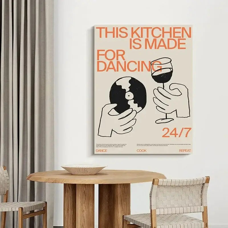 Beige canvas wall art by decorbites featuring bold orange text and minimalist black line art, ideal for record player decor