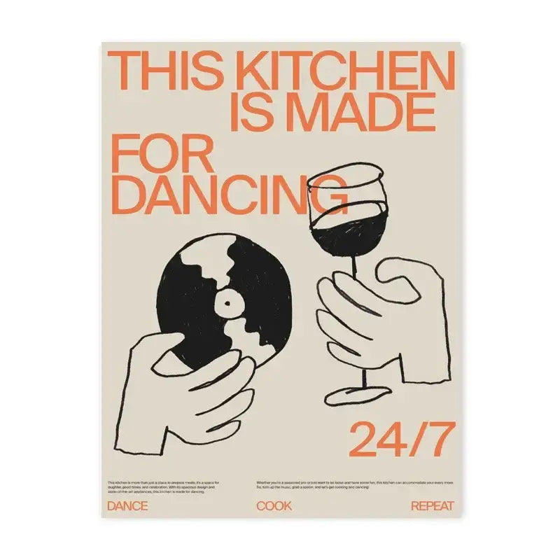DecorBites™ retro record player canvas wall art in beige with bold orange text and minimalist black music play drawings
