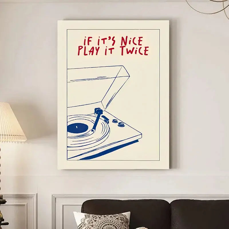Decorbites™ retro record player canvas wall art with minimalist blue line drawing and red text for modern music play
