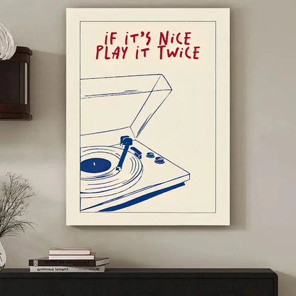 Framed decorbites retro record player canvas wall art with minimalist blue line drawing and red text for modern music play