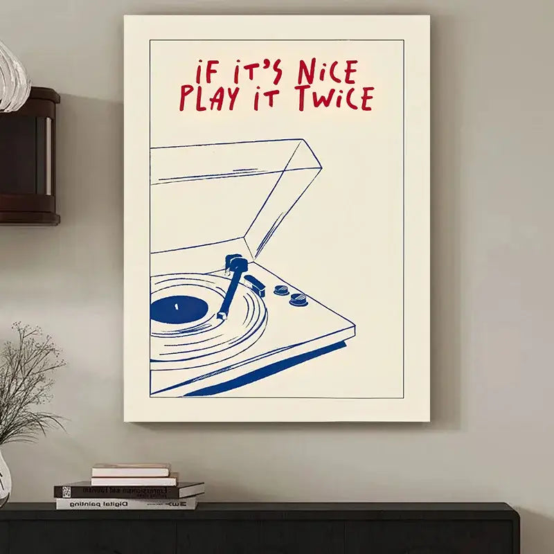Framed decorbites retro record player canvas wall art with minimalist blue line drawing and red text for modern music play