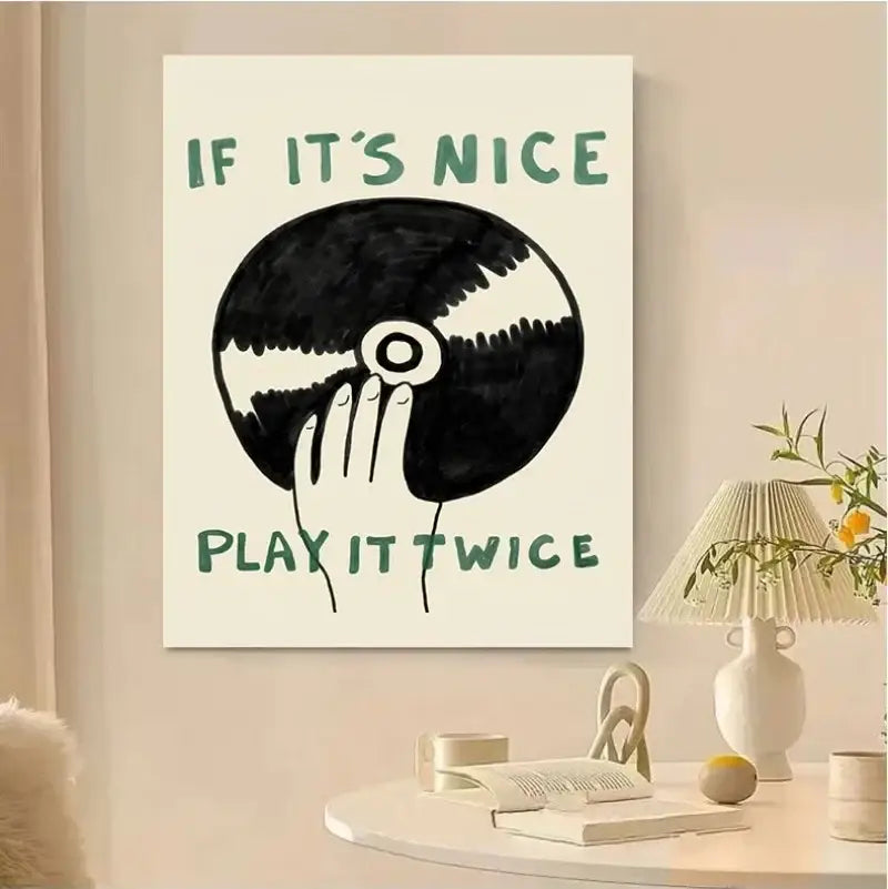 Decorbites™ retro record player canvas wall art with black and white hand illustration and green modern music play text