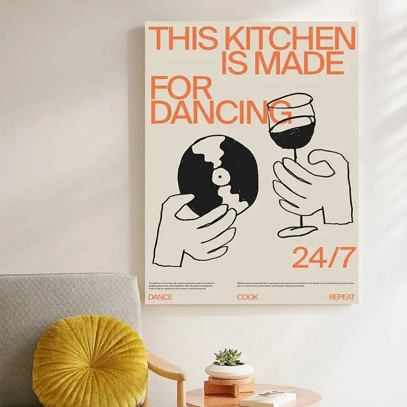 Minimalist decorbites™ retro record player canvas wall art with bold orange text and black line drawings for modern music play