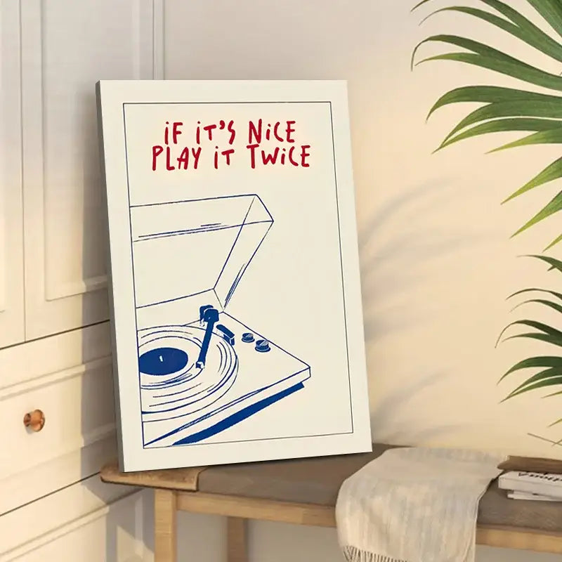 White canvas print featuring a blue line drawing of a record player and red text decorbites retro player posters