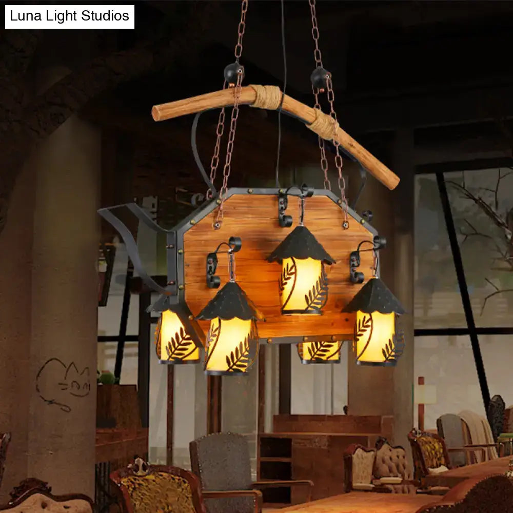 Decorbites™ retro ship-shaped island lamp with rustic wooden teapot pendant, black metal, and white fabric clear glass shade