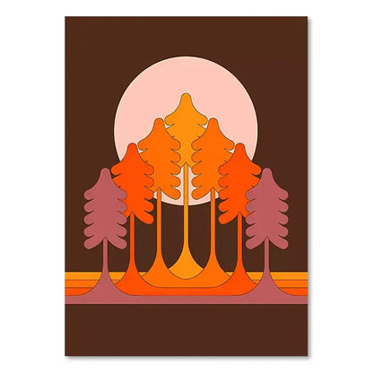 Stylized forest scene poster with gradient orange and pink trees and peach sun on brown background for living room retro stripes art