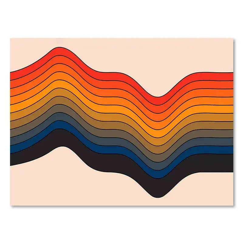 A DecorBites™ retro stripes art print with vibrant layered warm to cool wavy stripes for living room decor