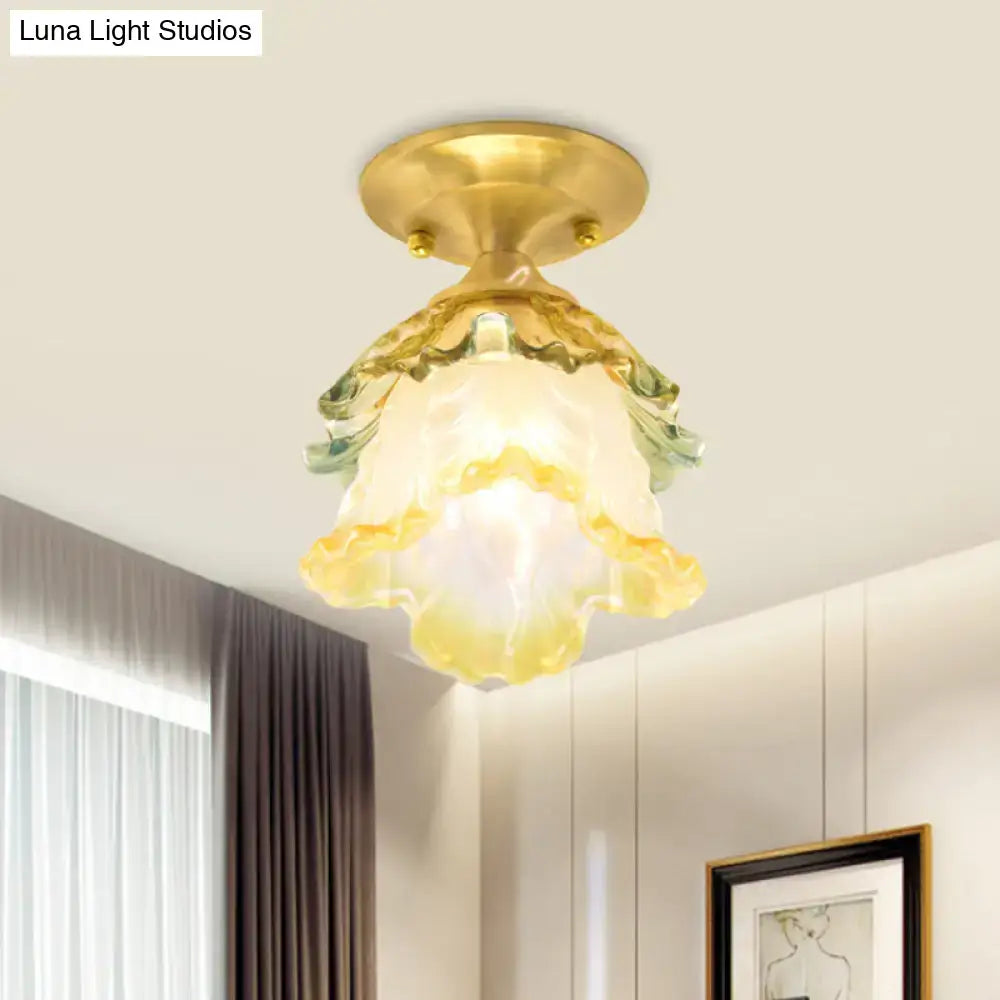 DecorBites™ retro style gold ruffle glass ceiling lamp with layered soft yellow and green tinted glass shade