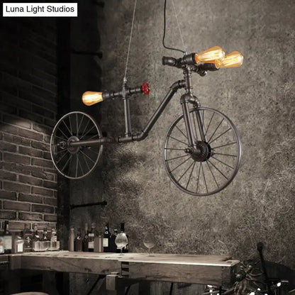 DecorBites™ retro style iron piping bicycle hanging lamp with black metal frame, exposed bulbs, and red valve accents