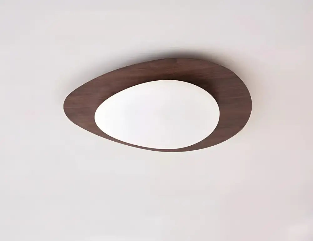 DecorBites™ retro-style ceiling light with walnut color dark wood frame and frosted glass center for living room