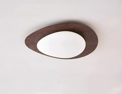 DecorBites™ retro-style ceiling light with walnut color dark wood frame and frosted glass center for living room