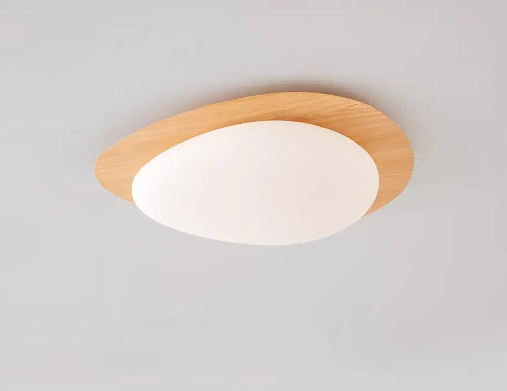 DecorBites™ retro-style ceiling light with walnut color wood frame and frosted glass diffuser for living room