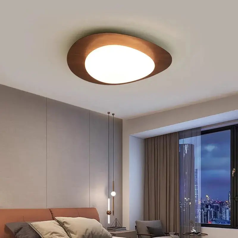 DecorBites™ retro-style walnut color ceiling light with warm wood frame and soft white center for living room