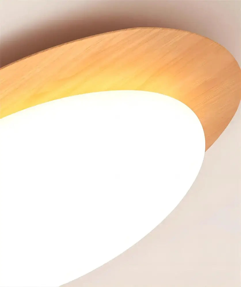 Modern oval ceiling light with walnut color wood finish and frosted diffuser ideal for living room decor