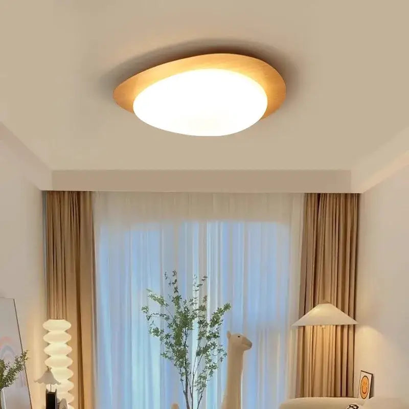 Decorbites™ retro-style oval ceiling light with frosted glass center and walnut color wooden frame for living room
