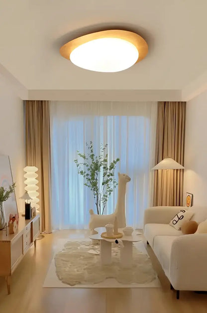 DecorBites™ retro-style oval ceiling light with warm glow walnut color wooden frame for living room