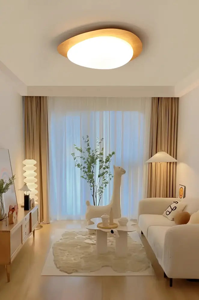 DecorBites™ retro-style oval ceiling light with warm glow walnut color wooden frame for living room