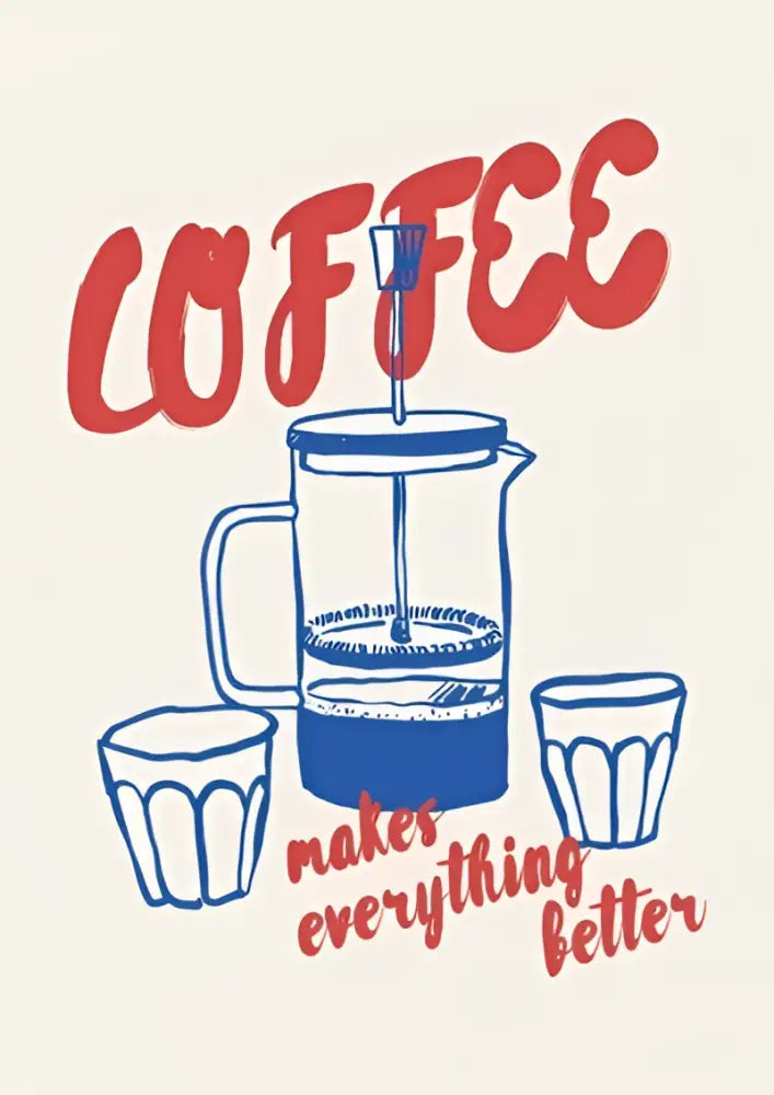 Blue illustrated french press with glass carafe and handle featured in decorbites™ retro vintage espresso wall art canvas print