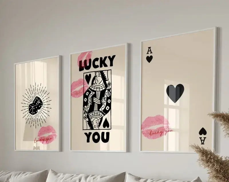 Three framed cream background black and pink poker-themed retro wall art posters from decorbites™ art posters set