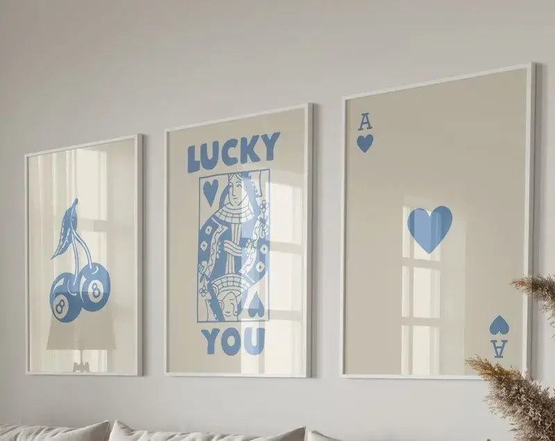 Set of three decorbites™ retro wall art posters featuring blue and cream playing card designs with queen of hearts motif