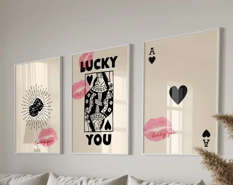 DecorBites™ retro wall art posters set with black and pink playing cards, dice, and lucky you text designs