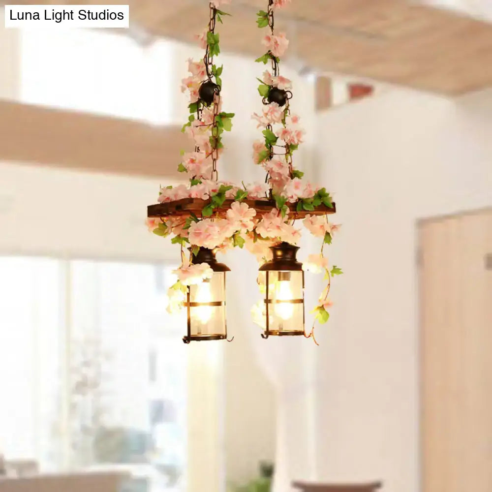 Decorbites retro wooden lantern island ceiling light with pink green plant flower decor and warm glowing lamps