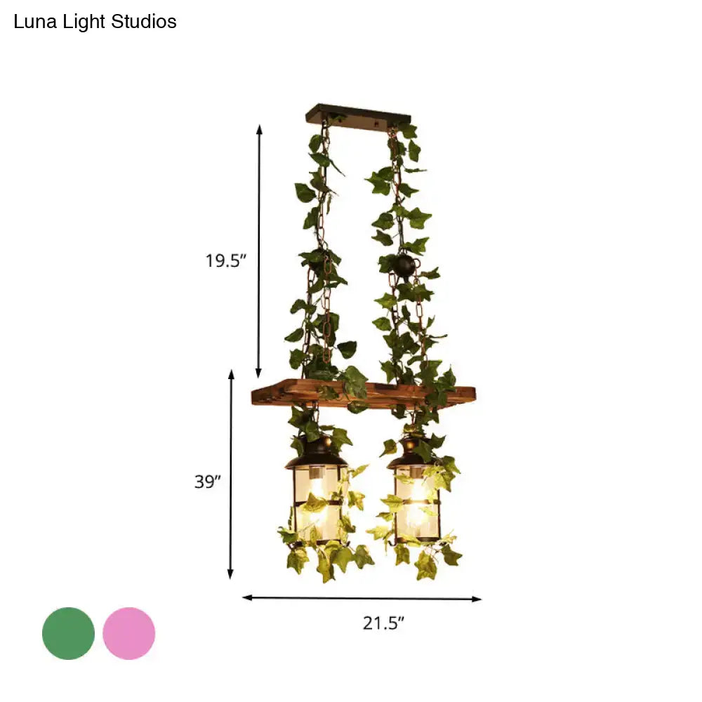 Decorbites retro wooden lantern 2 head island ceiling light in pink green with hanging ivy plant flower decor