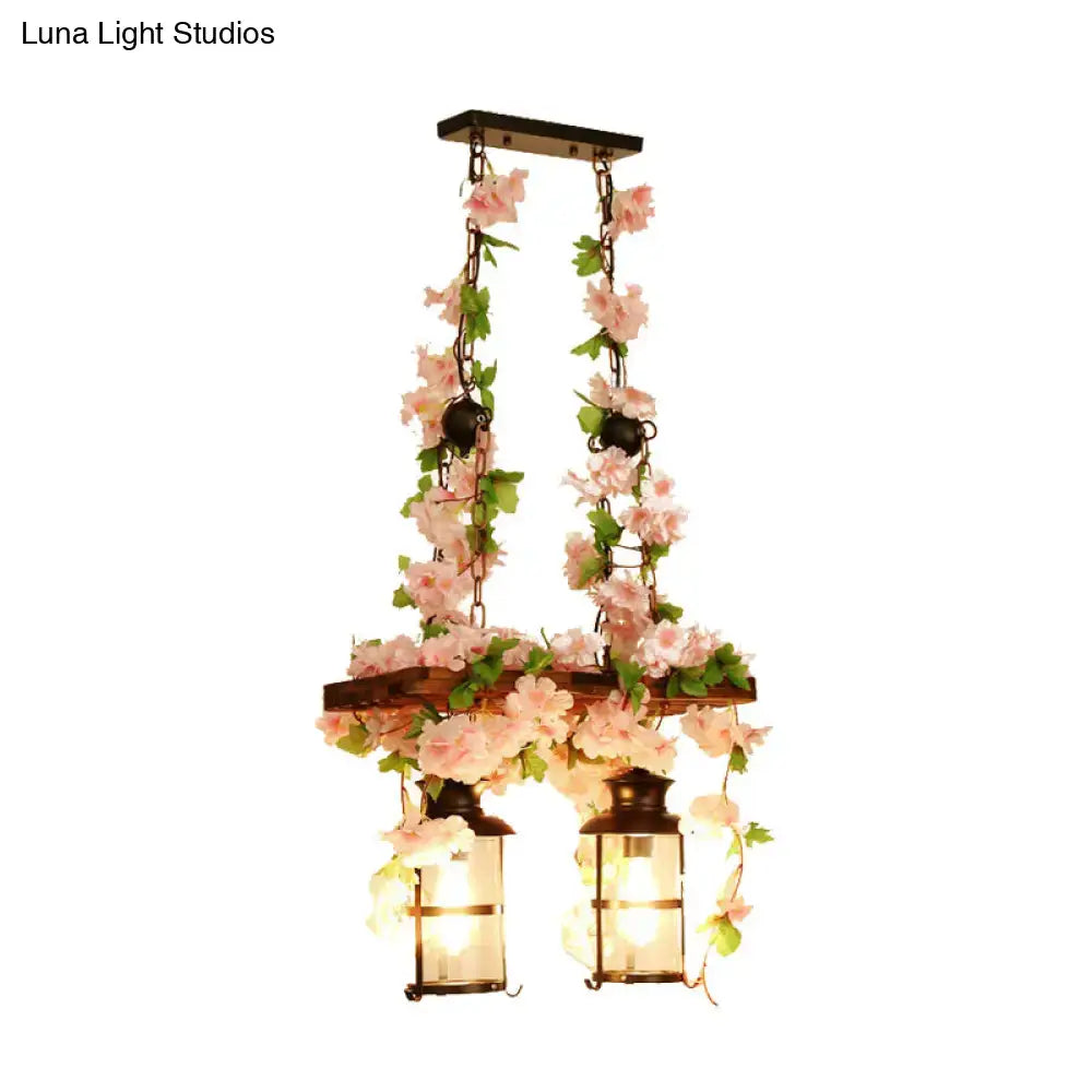 Decorbites retro wooden lantern island ceiling light with pink green plant flower decor and two illuminated lamps