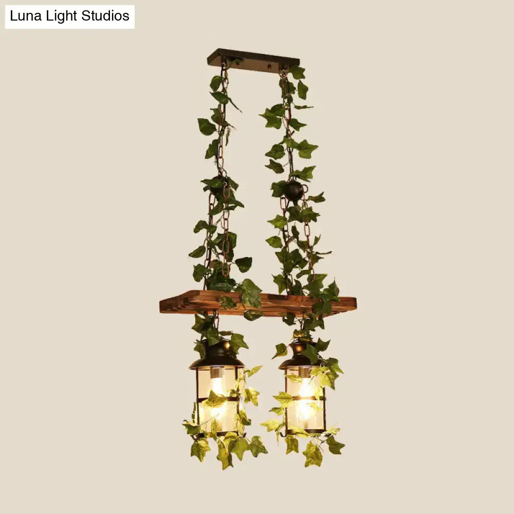 DecorBites retro wooden lantern island ceiling light with pink green LED lamps and plant flower decor ivy vines