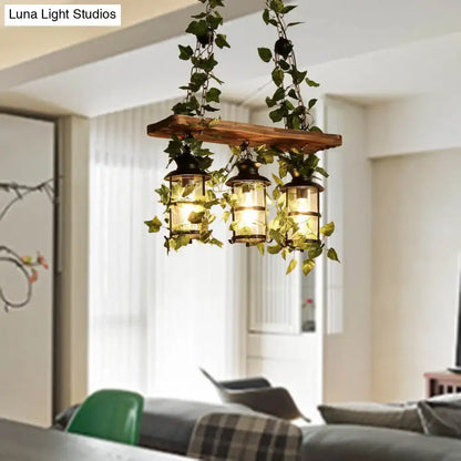 Rustic decorbites retro wooden lantern island ceiling light with three lantern fixtures pink green plant flower decor