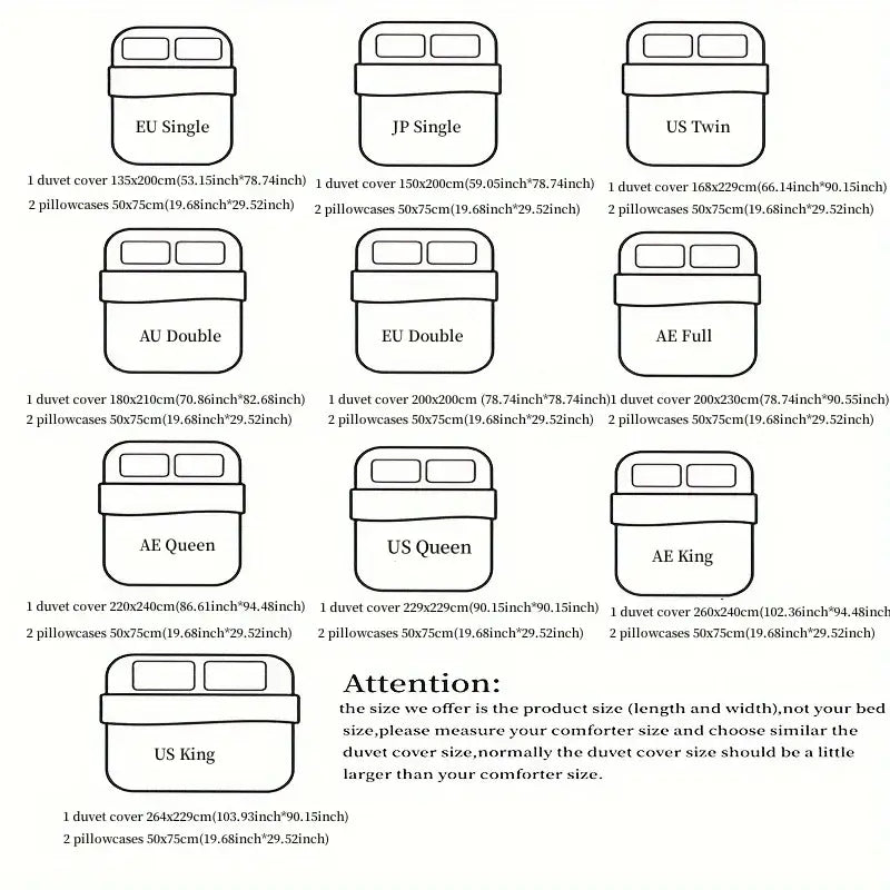 Detailed size chart for decorbites™ rose embroidered duvet cover set including measurements in cm and inches for various beds