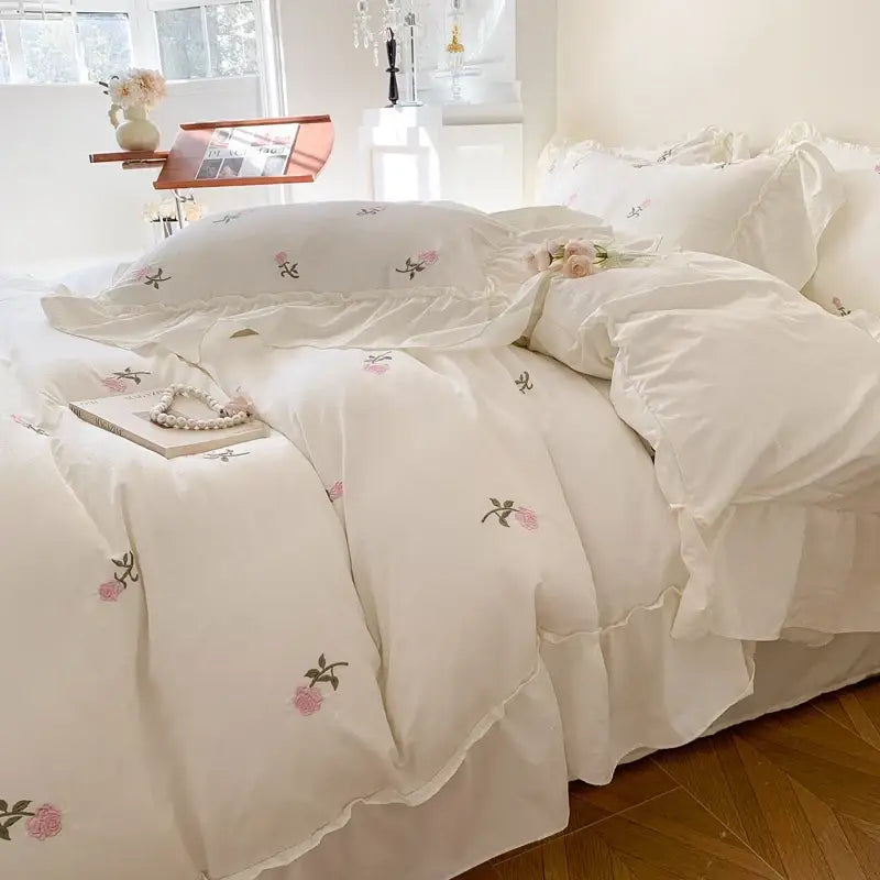 Off-white floral embroidered ruffled duvet cover set with delicate pink rose motifs decorbites rose embroidered duvet