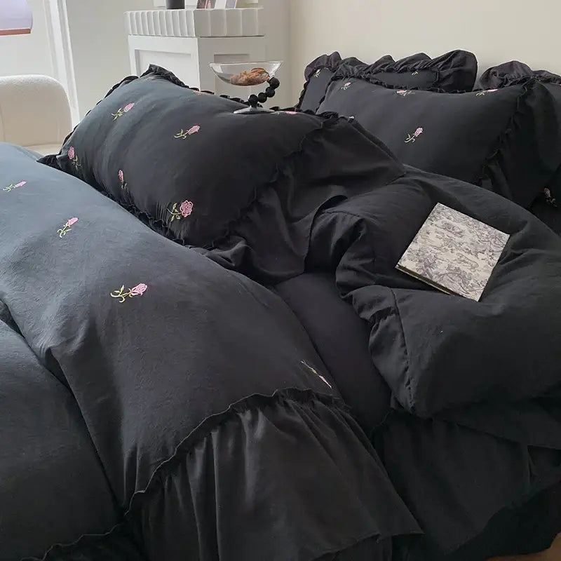 Black ruffled rose embroidered duvet set by decorbites with delicate pink rose embroidery in princess style