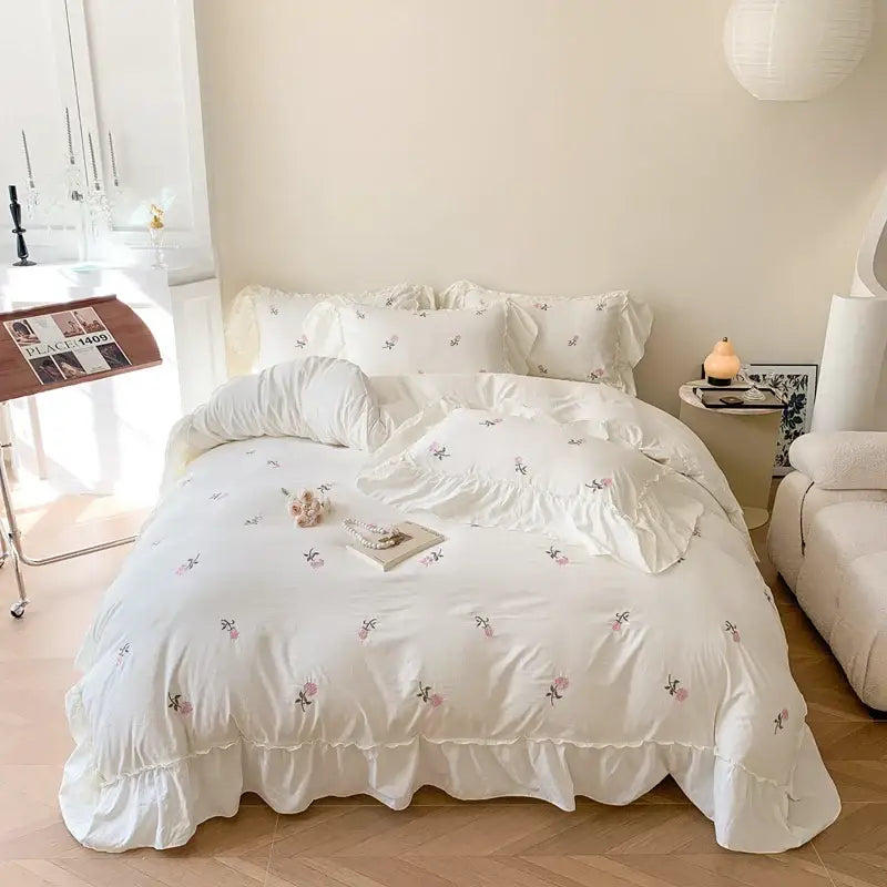 Decorbites™ rose embroidered duvet set in white with delicate pink blossoms and ruffled edges princess style