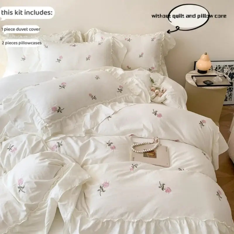 Decorbites™ rose embroidered duvet set in white with floral embroidery and ruffled edges for princess style bedding