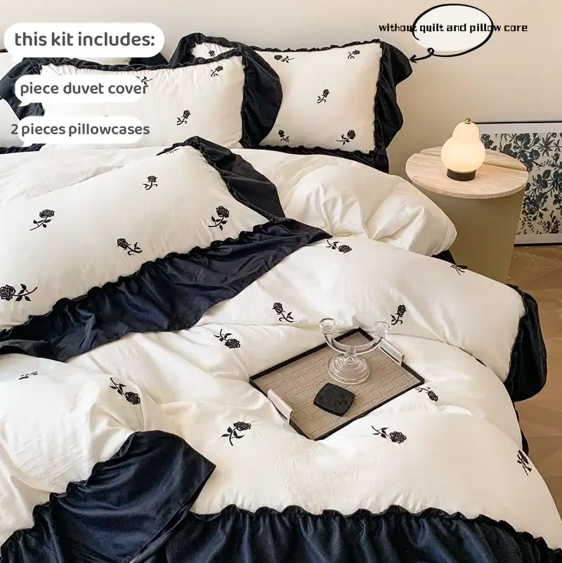 White and navy blue rose embroidered duvet set with ruffled edges from DecorBites™ princess style collection
