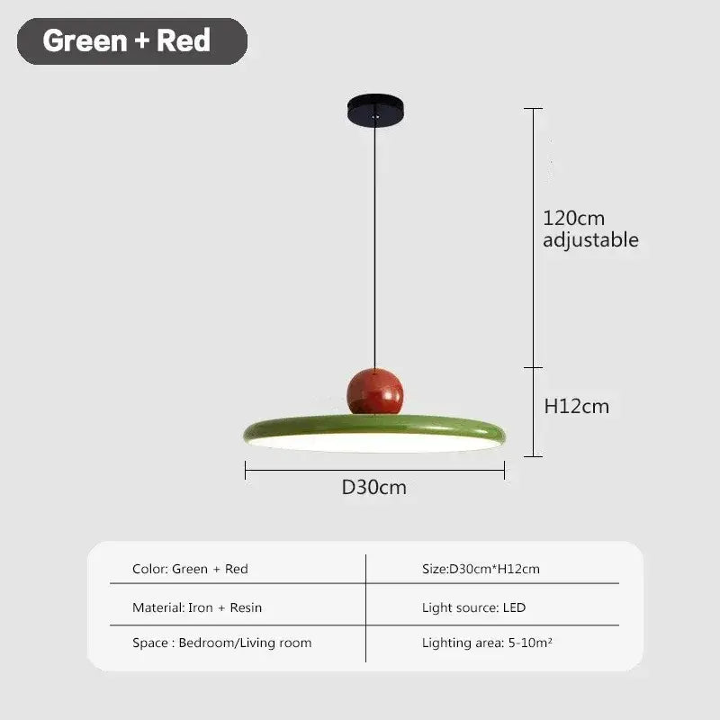 DecorBites™ rotatable nordic led pendant light with green and red circular resin shade and cream iron frame