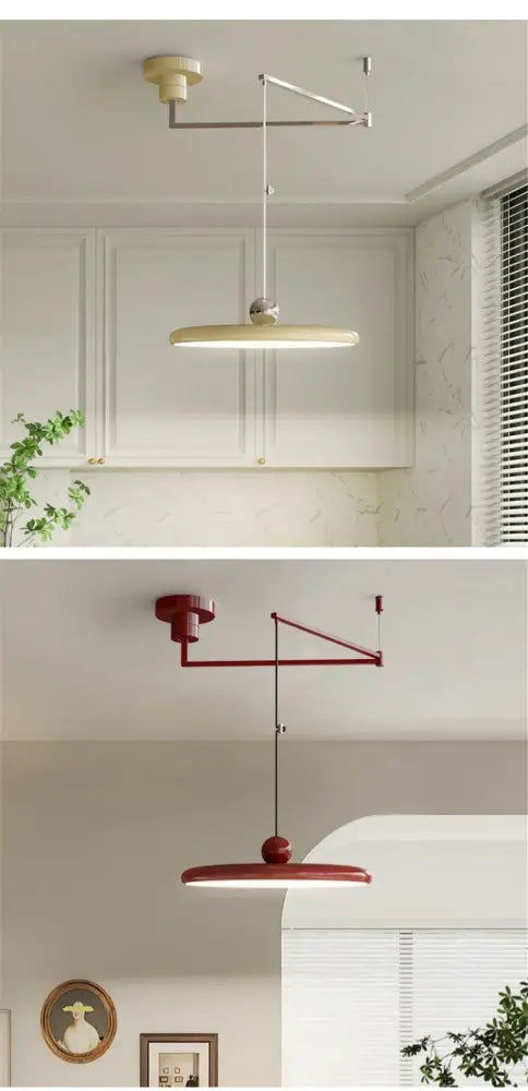 Decorbites rotatable nordic led pendant light with sleek circular disc shade and angular cream iron arm chandelier