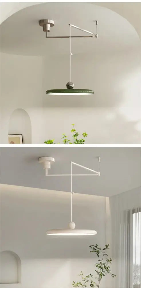 DecorBites™ rotatable nordic led pendant light with sleek metallic arm and flat circular cream iron shade chandelier