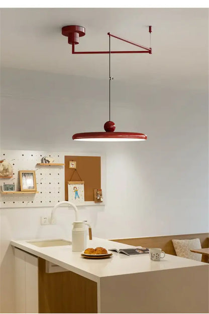 DecorBites Rotatable Nordic led pendant light in cream iron with red industrial pendant light and articulated arm