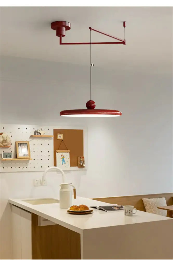 DecorBites Rotatable Nordic led pendant light in cream iron with red industrial pendant light and articulated arm
