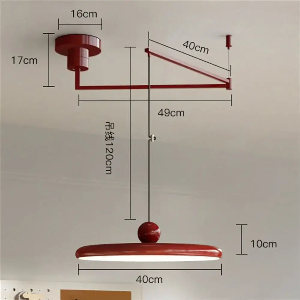 Decorbites™ rotatable nordic led pendant light with red metal circular lampshade and sleek elongated arm design