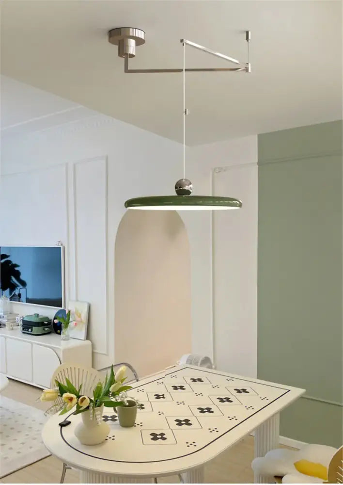 Decorbites™ rotatable nordic led pendant light in cream iron with modern green spherical led pendant fixture and metallic arm
