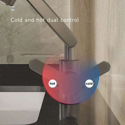 DecorBites™ rotating dual-mode faucet with chrome finish and red blue controls for kitchen and bathroom use