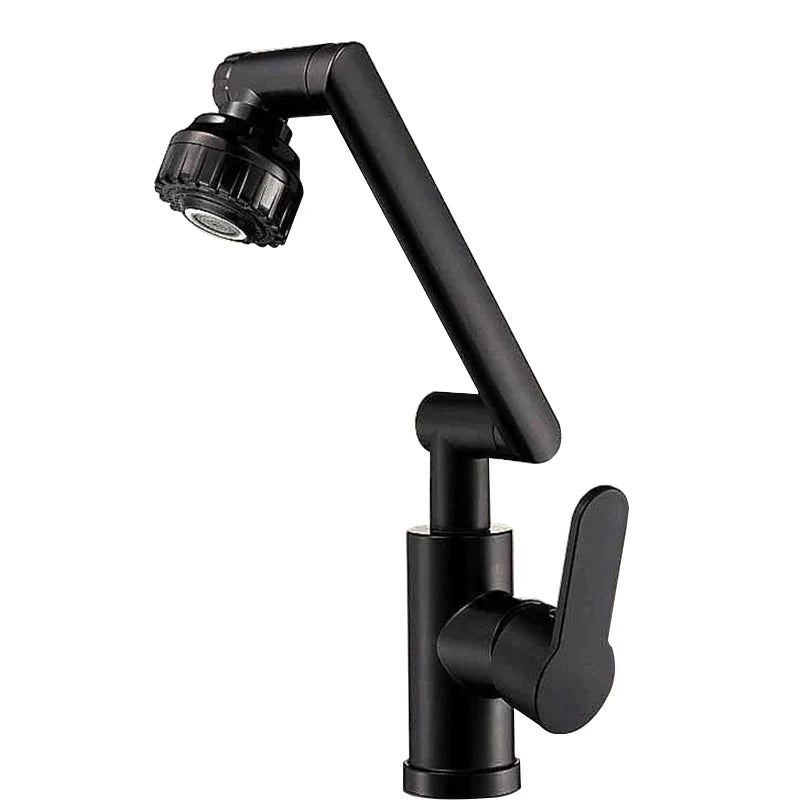 Black matte rotating dual-mode faucet with flexible articulated spout and lever handle for kitchen and bathroom use