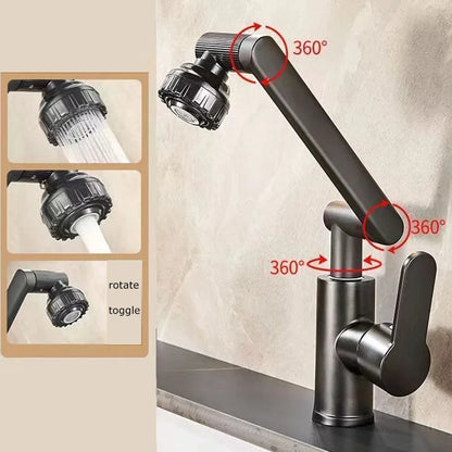 Black matte-finish rotating dual-mode faucet with 360-degree rotating spout and showerhead for kitchen and bathroom use